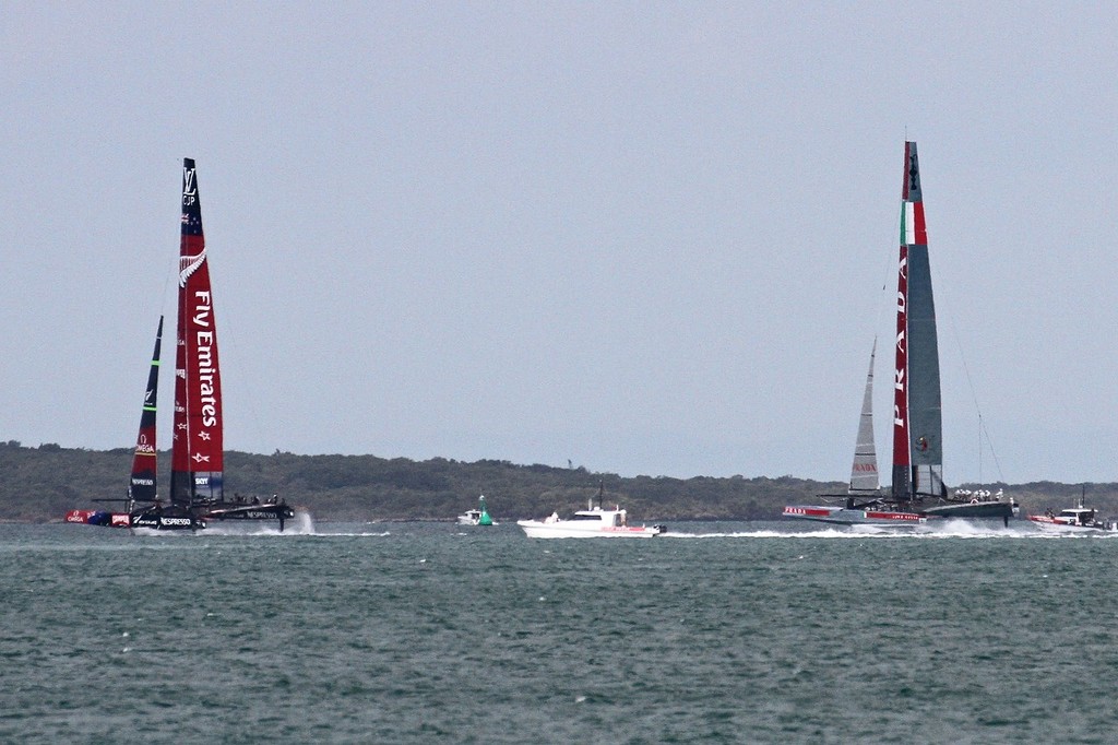 Both boats now foiling on the run, but no gennakers set - AC72 Race Practice - Takapuna March 8, 2013 © Richard Gladwell www.photosport.co.nz